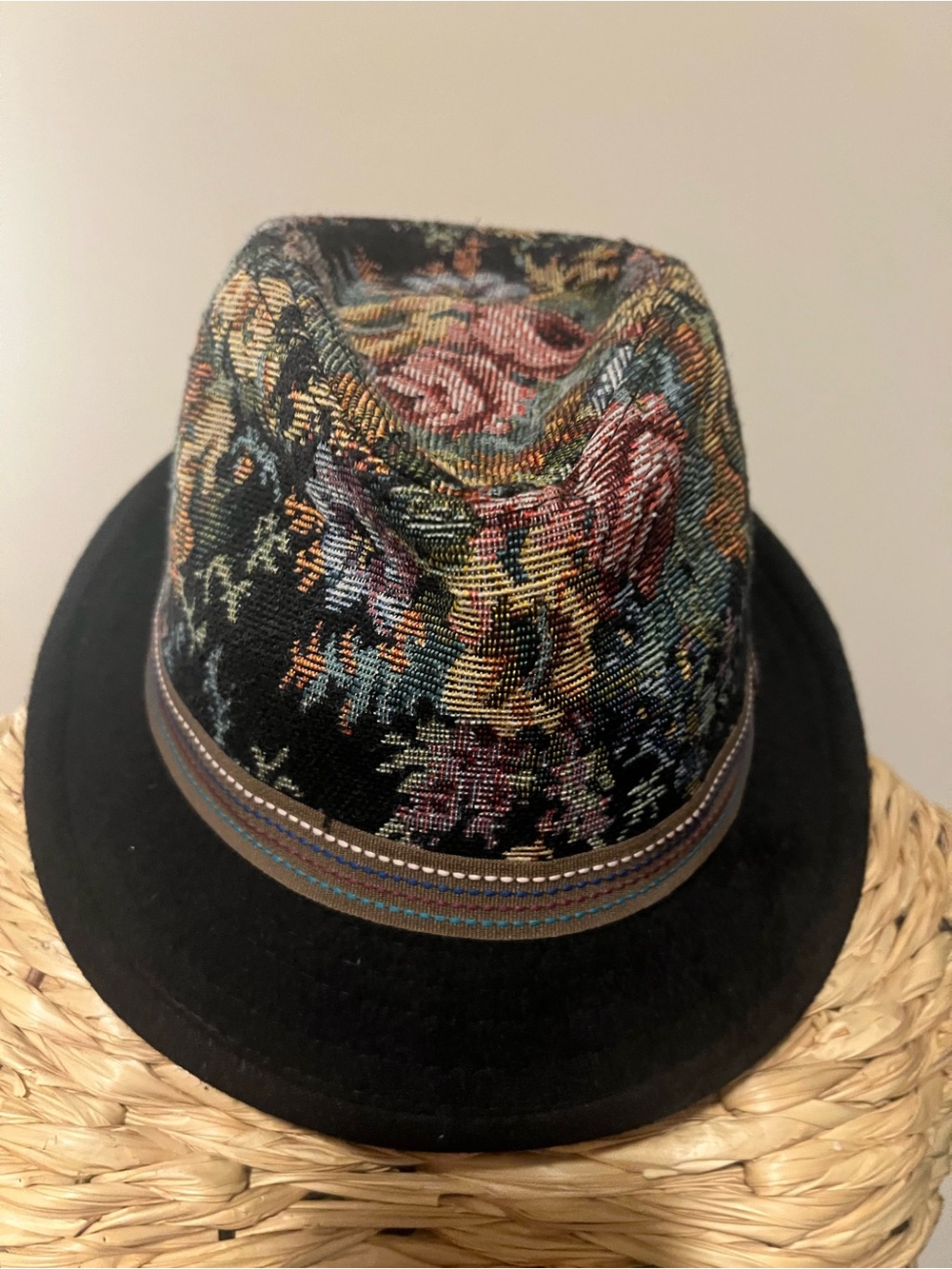 Multicolor Patterned Fedora Hat with Black Brim